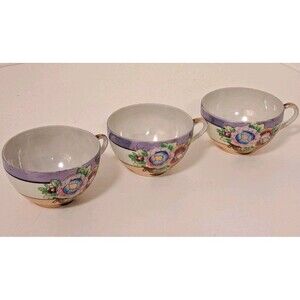 Vintage Japanese Iridescent Lusterware Mid-Century Art Deco Tea Cups Set Of 3